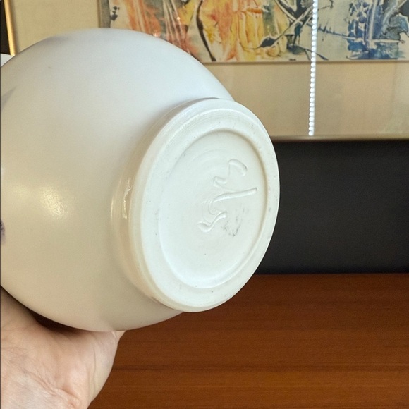 White Ceramic Vase with Blue Accents handcrafted vintage studio pottery signed - Picture 3 of 8